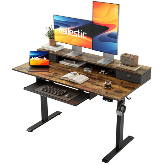 Agilestic Electric Standing Desk with 2 Drawers and Keyboard Tray, 48 x 24 Inches Ergonomic Adjustable Height Desk with Storage, Sit Stand Computer Workstation, Rustic Brown