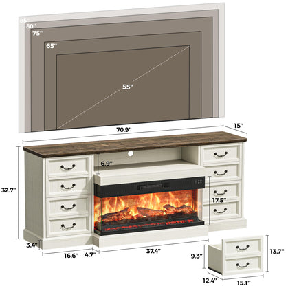 Huuger Fireplace TV Stand with LED Lights for 75 80 Inch TV, 3-Side Glass Fireplace Entertainment Center, 70 Inch Farmhouse TV Stand with 4 Deep Drawers for Living Room, Distressed White