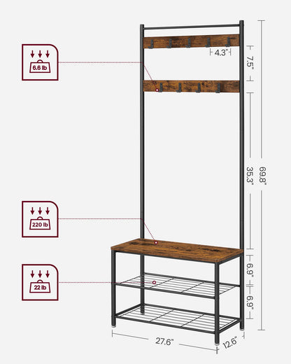 VASAGLE Coat Rack, Hall Tree with Shoe Storage Bench, Entryway Bench with Shoe Storage, 3-in-1, Steel Frame, for Entryway, 12.6 x 27.6 x 69.8 Inches, Industrial, Rustic Brown and Black UHSR41 - WoodArtSupply