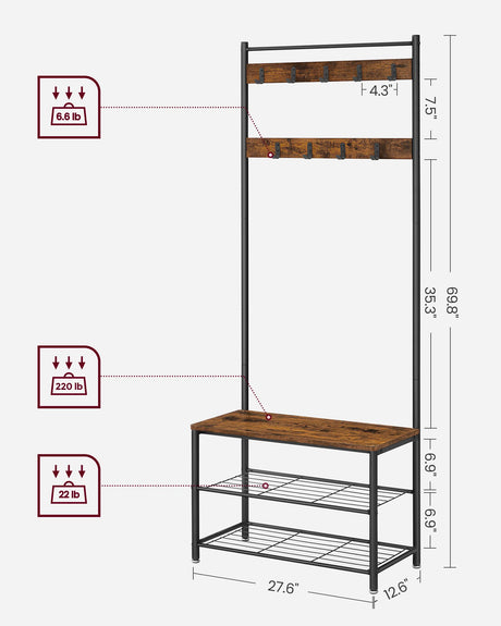 VASAGLE Coat Rack, Hall Tree with Shoe Storage Bench, Entryway Bench with Shoe Storage, 3-in-1, Steel Frame, for Entryway, 12.6 x 27.6 x 69.8 Inches, Industrial, Rustic Brown and Black UHSR41BX VASAGLE