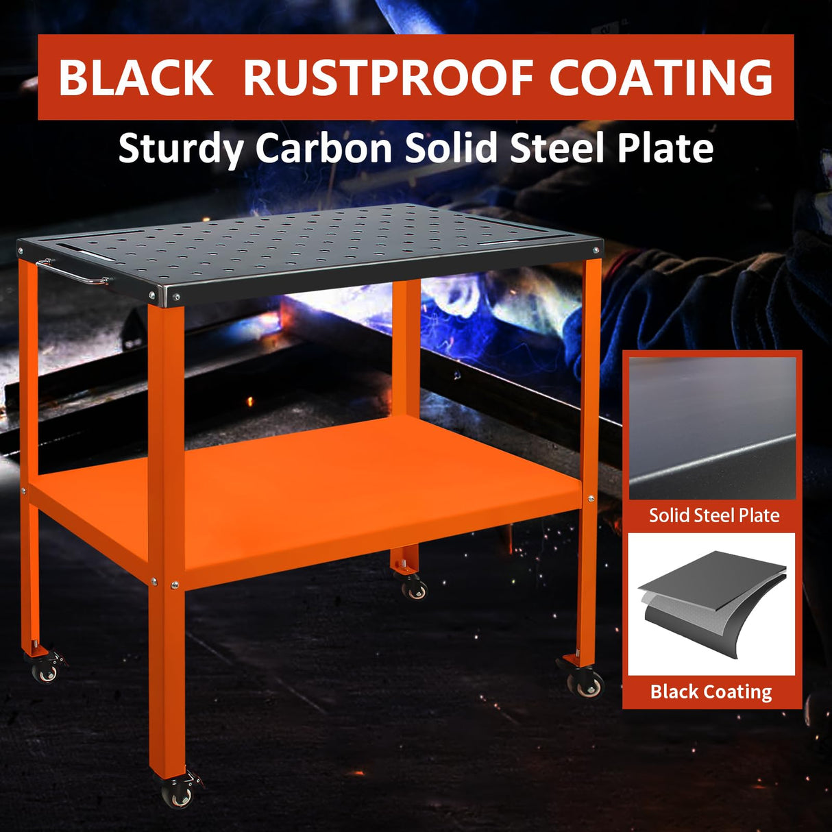 Welding Table Welding Cart 36''×18'', 1200lbs Load Capacity Industrial Workbench with 5/8" Holes Fixture Table with Wheels (Orange) SGOLAN