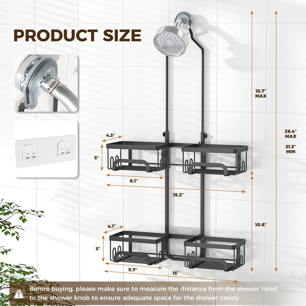 REINHARDT Shower Caddy Hanging for Handheld Showerheads Adjustable Split Shower Caddy, Rustproof Shower Organizer with Hooks for Razors Over the Head Caddy with Soap Holder Bathroom Accessories, Black REINHARDT