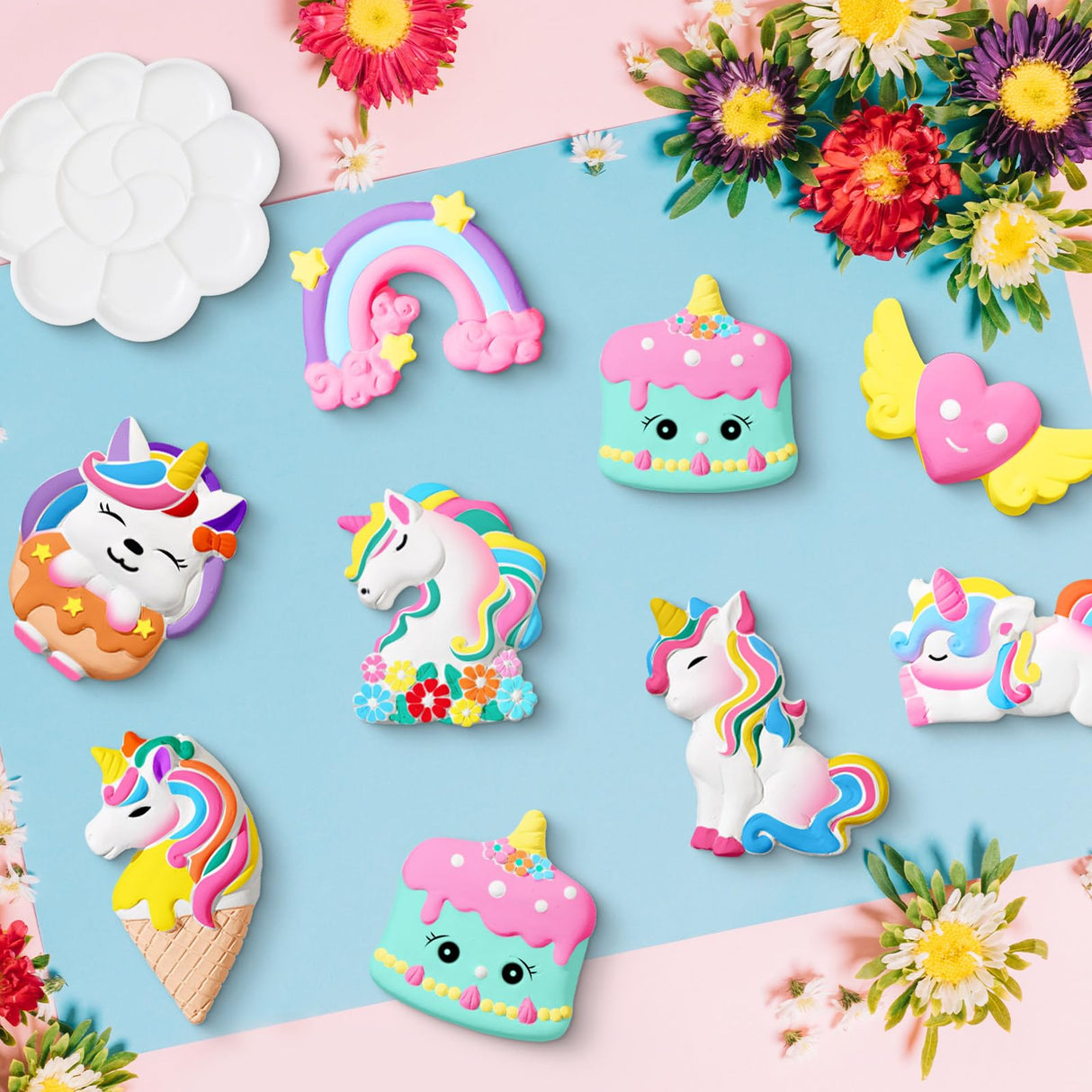 HyDren 12 Sets Arts and Crafts Painting Kit for Kids Unicorn Unpainted DIY Ceramic Figurines Paint Your Own Figurines with Magnets, Paintbrushes, Palettes for Kids Adults(Unicorn Theme) HyDren
