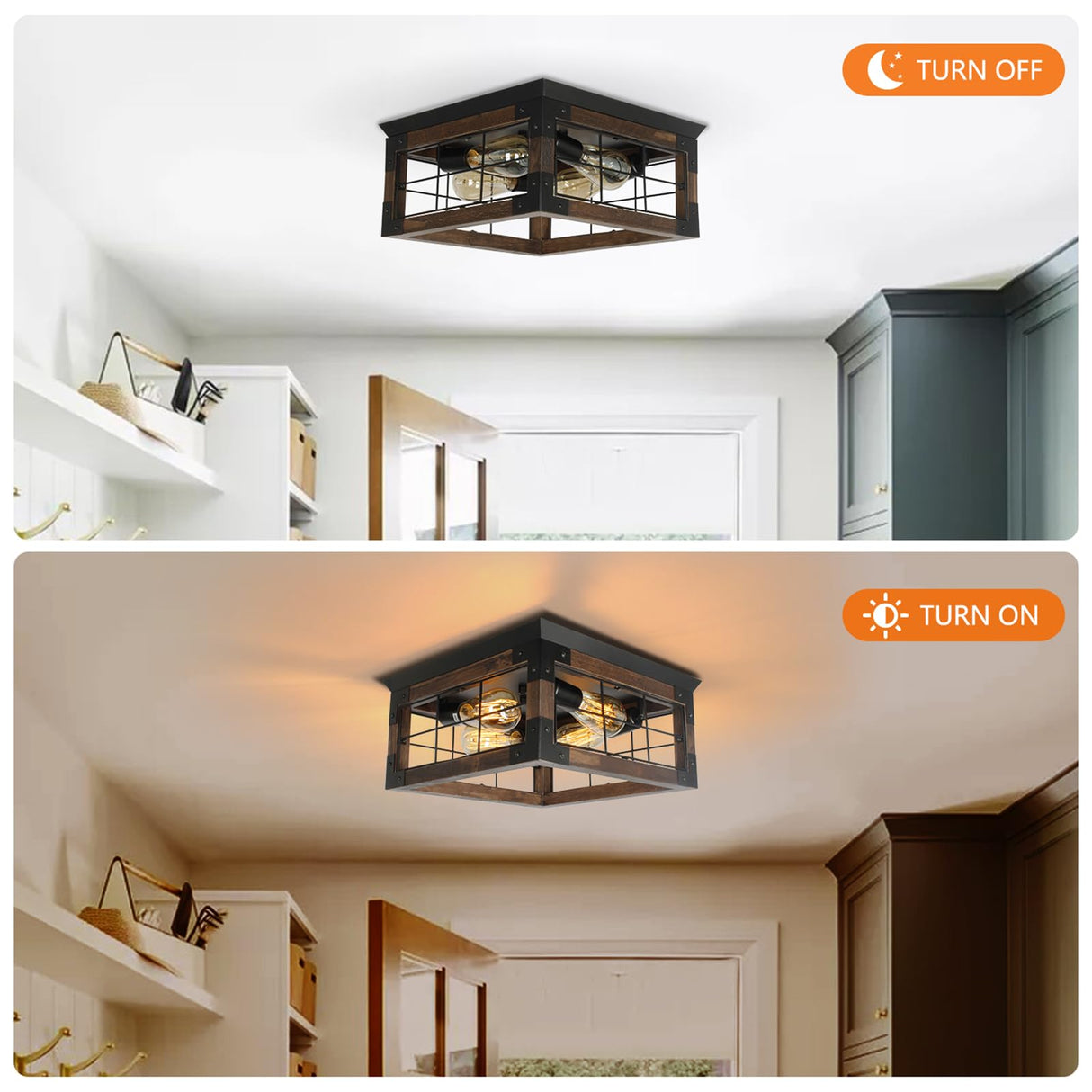 Farmhouse Flush Mount Ceiling Light, 4-Lights Rustic Wood Square Ceiling Light Fixture Kitchen Light Fixture, Farmhouse Light Fixtures for Dining Room Kitchen Livingroom Bedroom Porch JWLUYN