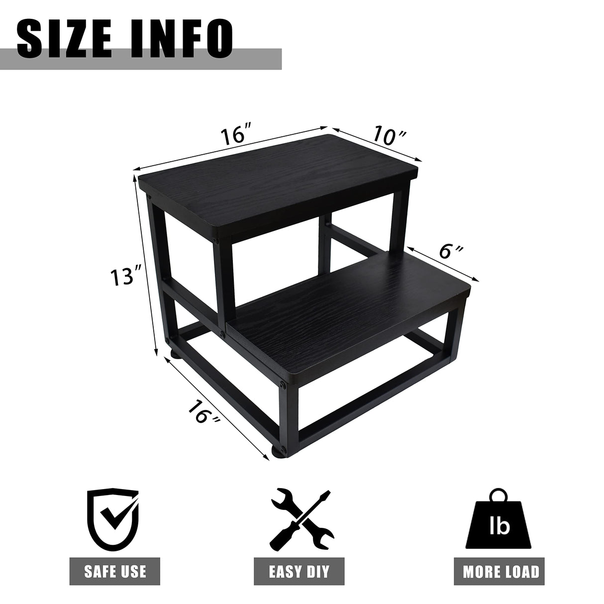 SZLHANJZ Step Stool, Bedside Steps for High Beds with Round Corners, 2 Steps Footstool for Adults, Metal and Wood Stepping Stool for Kitchen Bedroom, Load 500 LB, Black SZLHANJZ
