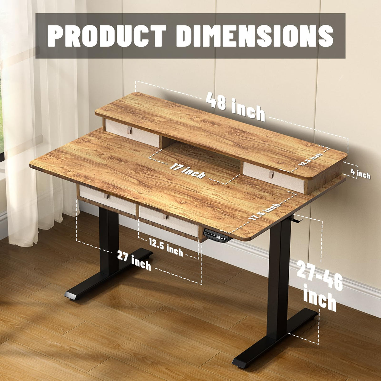 ExaDesk 48 * 30 Inches Electric Standing Widened Desk Adjustable Height with 4 Drawers, Double Storage Shelves Stand Up Desk, Home Office Workstation Sit Stand up Desk (Light Rustic Brown) ExaDesk