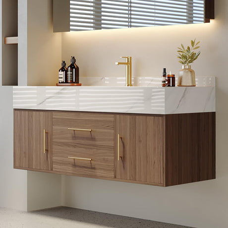 Weibath Modern 39" White Floating Bathroom Vanity Set Stone Top Wall Mounted Bathroom Cabinet (Walnut&White) Weibath