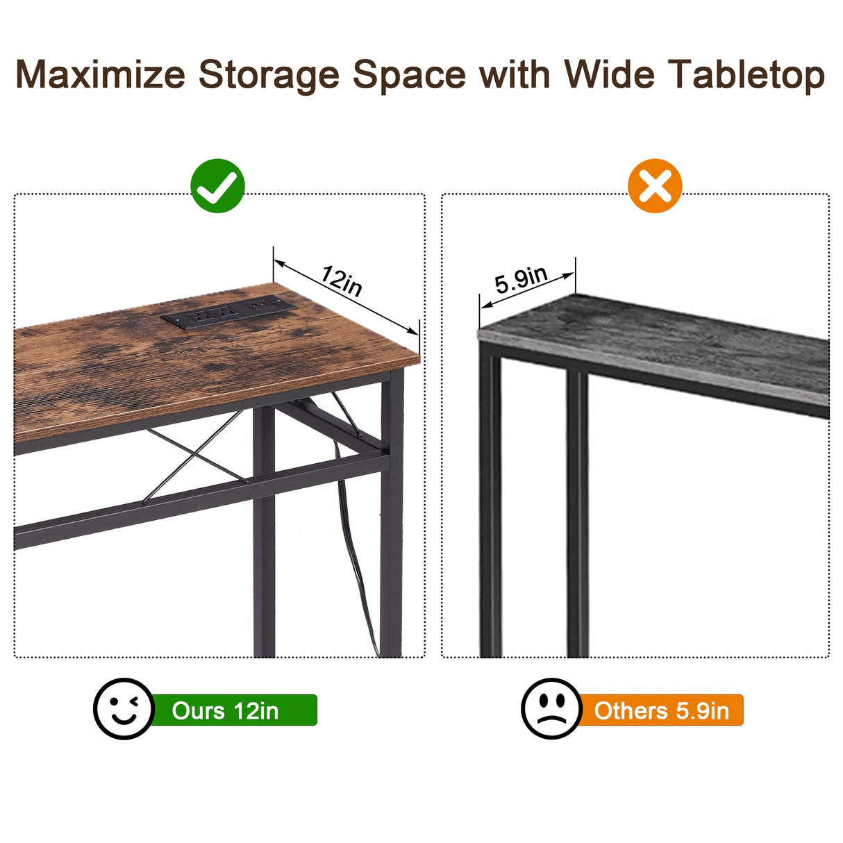 VECELO 55In Extra Long Narrow Sofa/Console Table with Charging Station & Power Outlet and USB Ports, for Entryway, Living Room, Office, Industrial, Brown VECELO