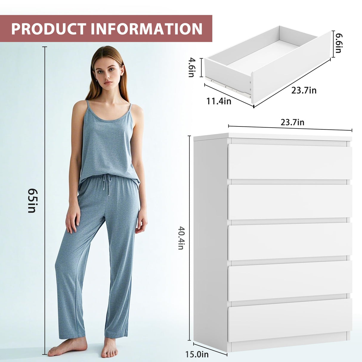 Jocoevol Modern White 5 Drawer Dresser for Bedroom, 15" D x 23.7" W x 40.4" H in Simply Chest of Drawers, Wood Storage Dresser with Deep Drawers for Living Room Hallway Entryway, White Jocoevol