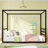 Queen Size Canopy Bed Frame with 4 Posters and Guardrails, Queen Size Montessori Floor Bed with High Fence, Anti Bump Design, Easy Assemble, Metal Montessori Bed Black Bellemave