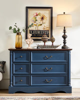 6 Drawers Dresser, Farmhouse Chest of Drawers with Charging Station, Refined Blue Finish Design, Modern Storage Dressers Organizer TV Stand for Bedroom, Living Room, Hallway, Indigo Blue LegacyAmerhome