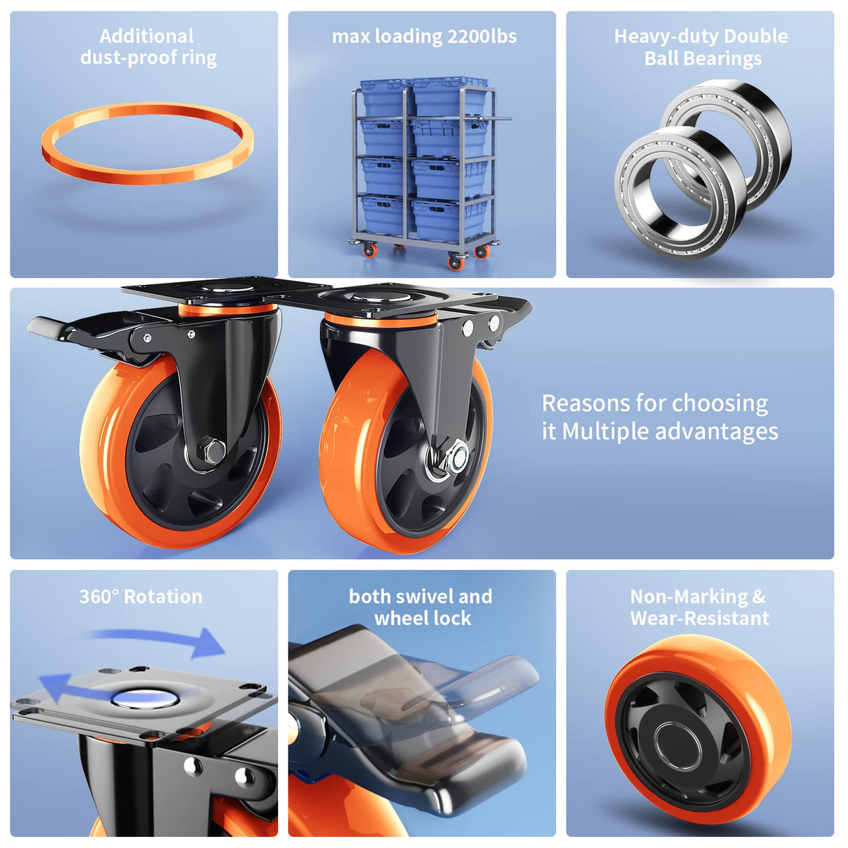 4 Inch Caster Wheels Heavy Duty 2200Lbs, Casters Set of 4 with Safety Dual Locking, Swivel Industrial Plate Casters, No Noise Wheels for Cart, Furniture(Bonus of 2 Hardware Kits & Gloves) WOZESEIK