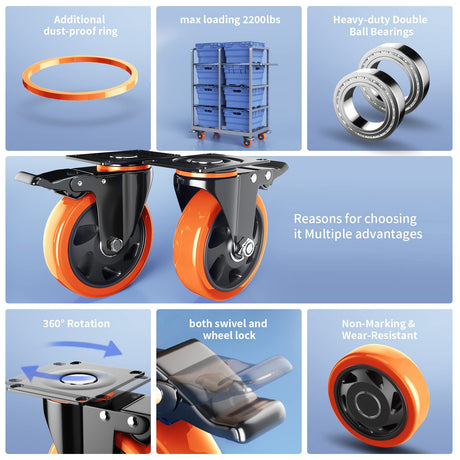 4 Inch Caster Wheels Heavy Duty 2200Lbs, Casters Set of 4 with Safety Dual Locking, Swivel Industrial Plate Casters, No Noise Wheels for Cart, Furniture(Bonus of 2 Hardware Kits & Gloves) WOZESEIK