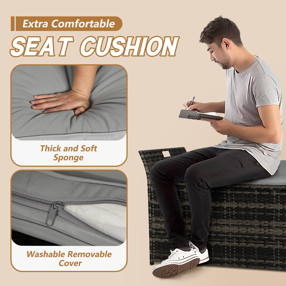 Patiomore 90 Gallon Outdoor Wicker Storage Bench with Cushion, Patio PE Rattan Deck Box with Handles (Gray), Grey Patiomore