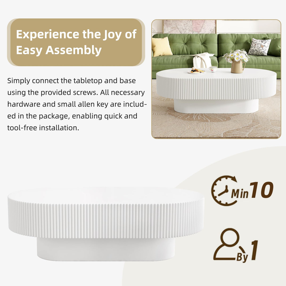 Merax Modern 43.3" W Oval Coffee Table with Sturdy Base, Wood Center Tables for Living Room Reception Room, Easy Assemble, White Merax