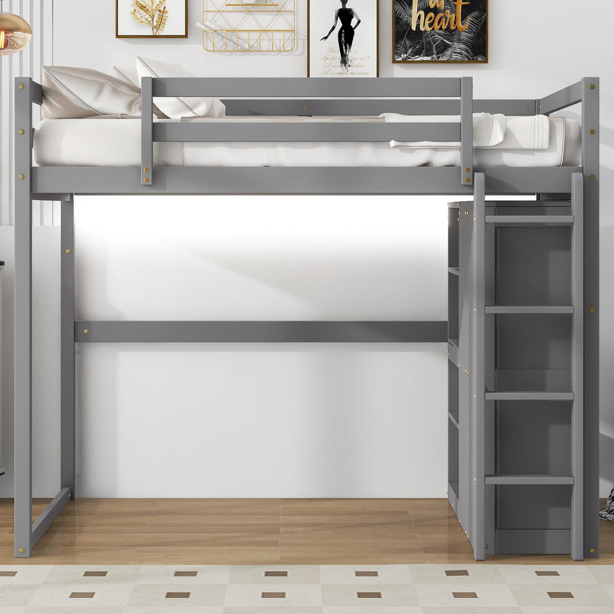 Harper & Bright Designs Full Size Loft Bed with Wardrobe & Storage Shelves, Wood Full Loft Bed Frame with LED Light for Kids Teens,Adults,Gray Harper & Bright Designs