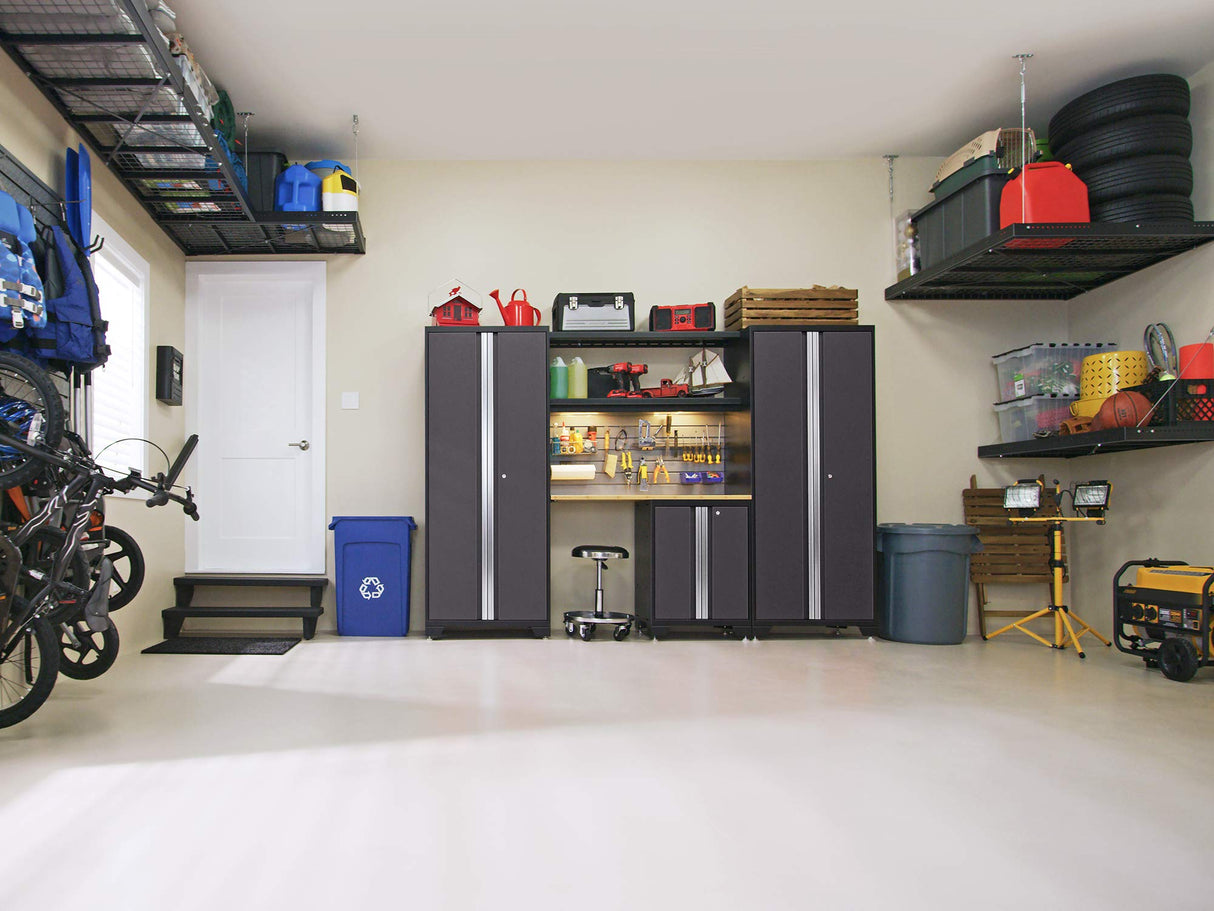 NewAge Products Garage Storage Cabinets Bold Series 7 Piece Sets Includes Worktop, Slatwall Backsplash, LED Lights, Multi-Use lockers, Wall, Base and Rolling Tool Cabinets, Gray, 50418 NewAge Products Inc.