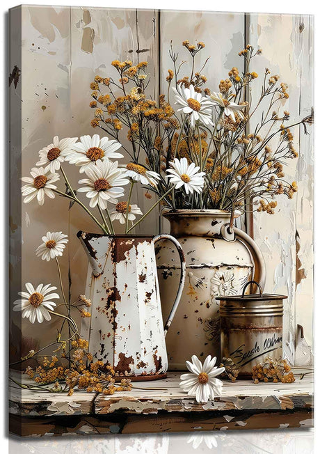 1Pcs Framed Rustic Farmhouse Floral Daisy Canvas Wall Art Vintage Country Flower Pictures Wall Decor Wood Grain Paintings Posters Prints Bathroom Bedroom LivingRoom Rustic Decor Artwork 12X16in ZLSYQALW