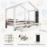 DNYN Full Size House Bed with Storage Drawers and Blackboard for Kids - Space-Saving Solid Wood Bedframe in White DNYN