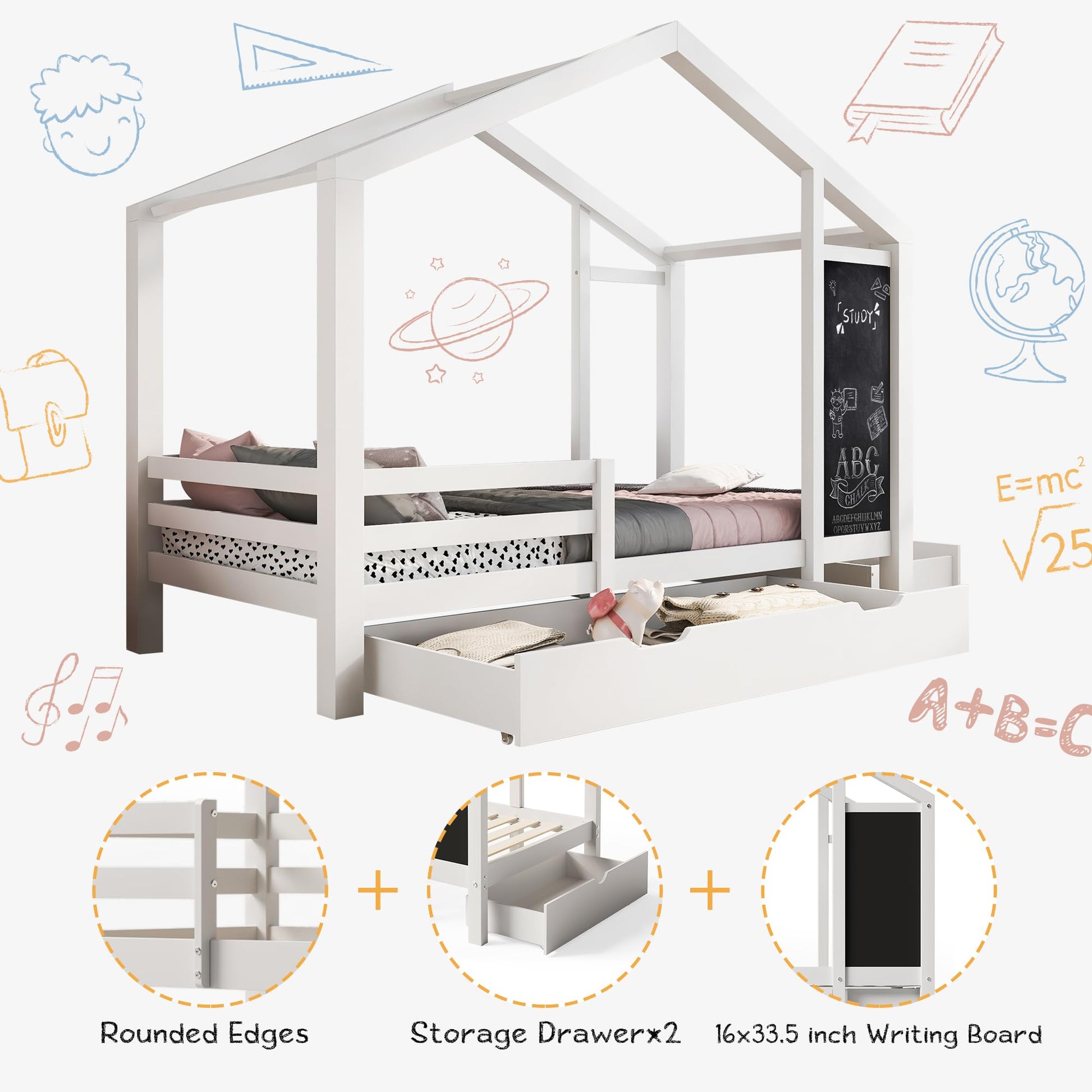 DNYN Full Size House Bed with Storage Drawers and Blackboard for Kids - Space-Saving Solid Wood Bedframe in White - WoodArtSupply