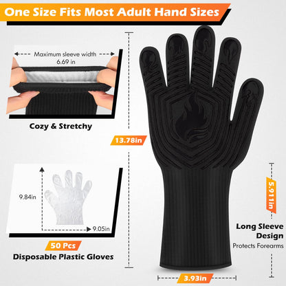 BBQ Gloves, 1472°F Heat Resistant Fireproof Mitts, Silicone Non-Slip Washable Oven Kitchen Gloves for Barbecue, Grilling, Cooking, Baking, Camping, Smoker (Black)