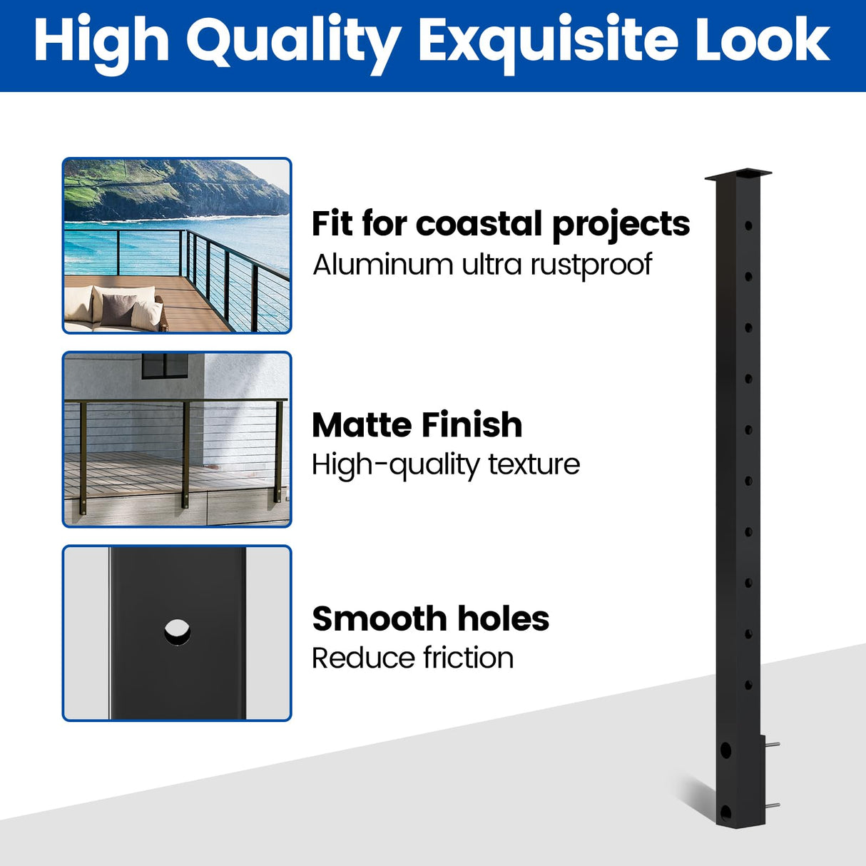 Muzata Aluminum Black Side Mount Cable Railing Post 36 Inch 36"X2"x2" Level Drilled Space-Saving Cable Railing System Kit Indoor Outdoor Seaside with Paper User Guide PW02 BHAS Muzata