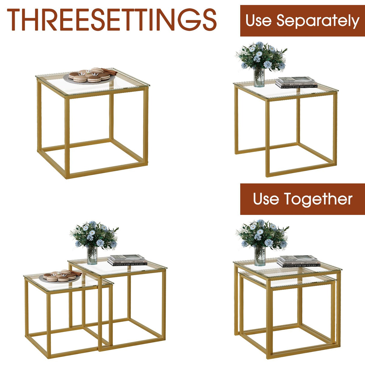 VILAWLENCE Coffee Table Set of 2, Modern Gold Glass Side Table, Metal Frame Square End Table, Center Tables Nesting Coffee Table for Living Room,Bedroom and Small Spaces VILAWLENCE