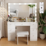 SMOOL Vanity with Lighted Mirror - Makeup Vanity Desk with Power Outlet and 7 Drawers, 3 Color Lighting Modes Adjustable Brightness, 44" Vanity Table with Glass Top for Women Girls, White (White) SMOOL
