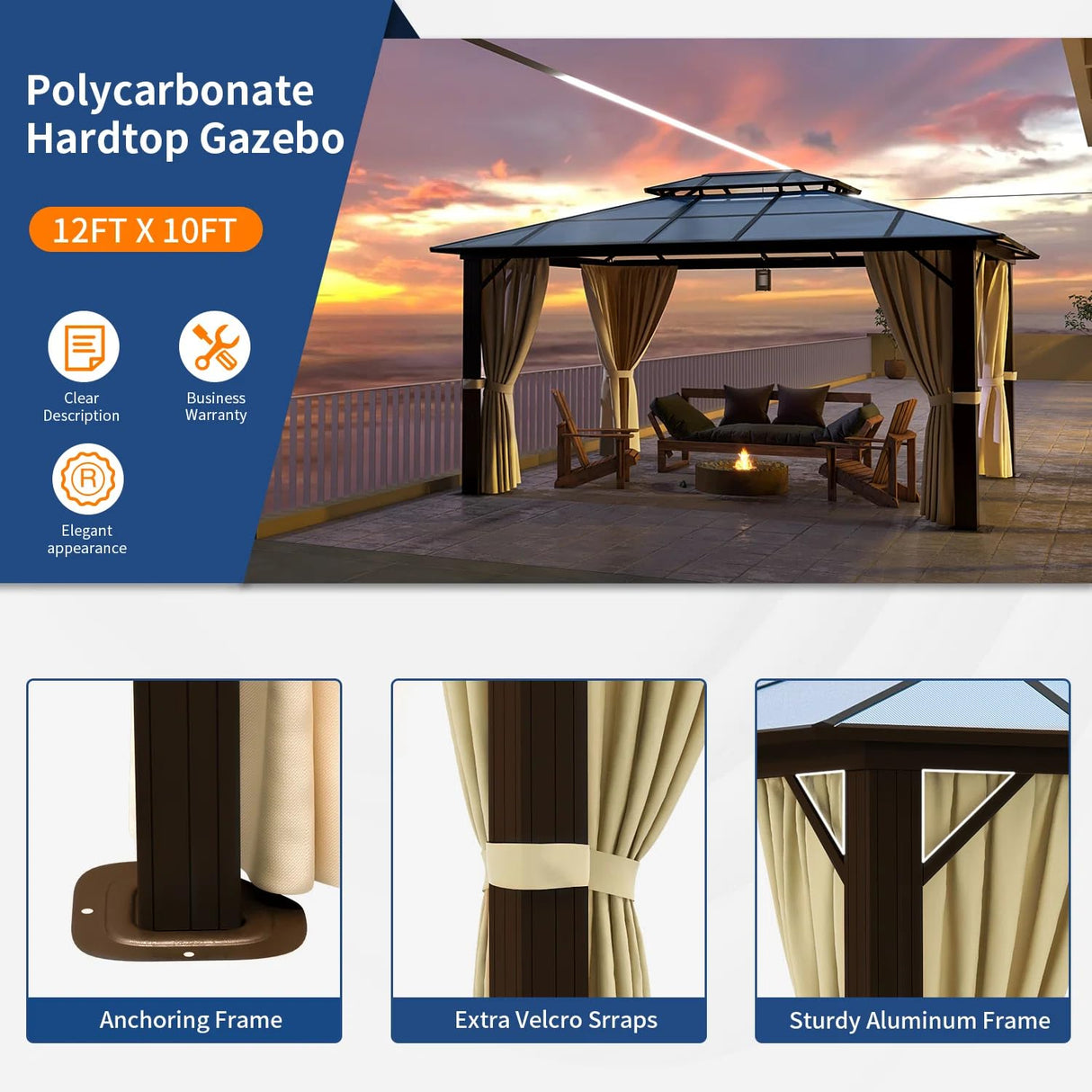 Jolydale Hardtop Gazebo, 10FTx12FT Polycarbonate Double Top Canopy, Aluminum Frame Permanent Pavilion with Curtains and Netting, for Lawns, Patios, Gardens Jolydale