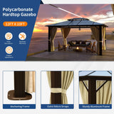 Jolydale Hardtop Gazebo, 10FTx12FT Polycarbonate Double Top Canopy, Aluminum Frame Permanent Pavilion with Curtains and Netting, for Lawns, Patios, Gardens Jolydale