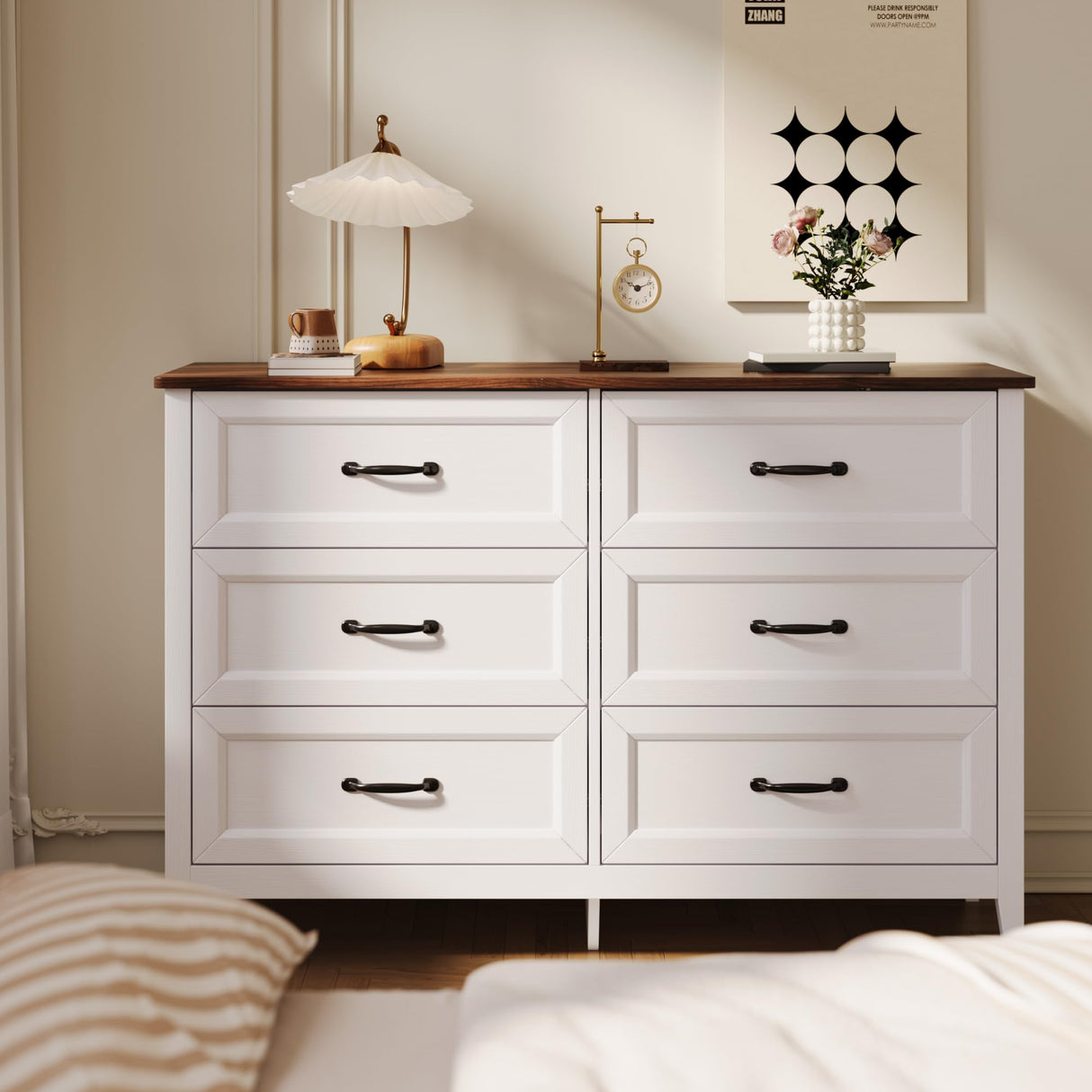 Gizoon 47.2" W Dresser for Bedroom, 6 Chest of Drawers, Modern Drawer Dresser, Wood TV Stand for Living Room, with Smooth Rail, Metal Handles, Anti-tip, Hallway, Retro Gizoon