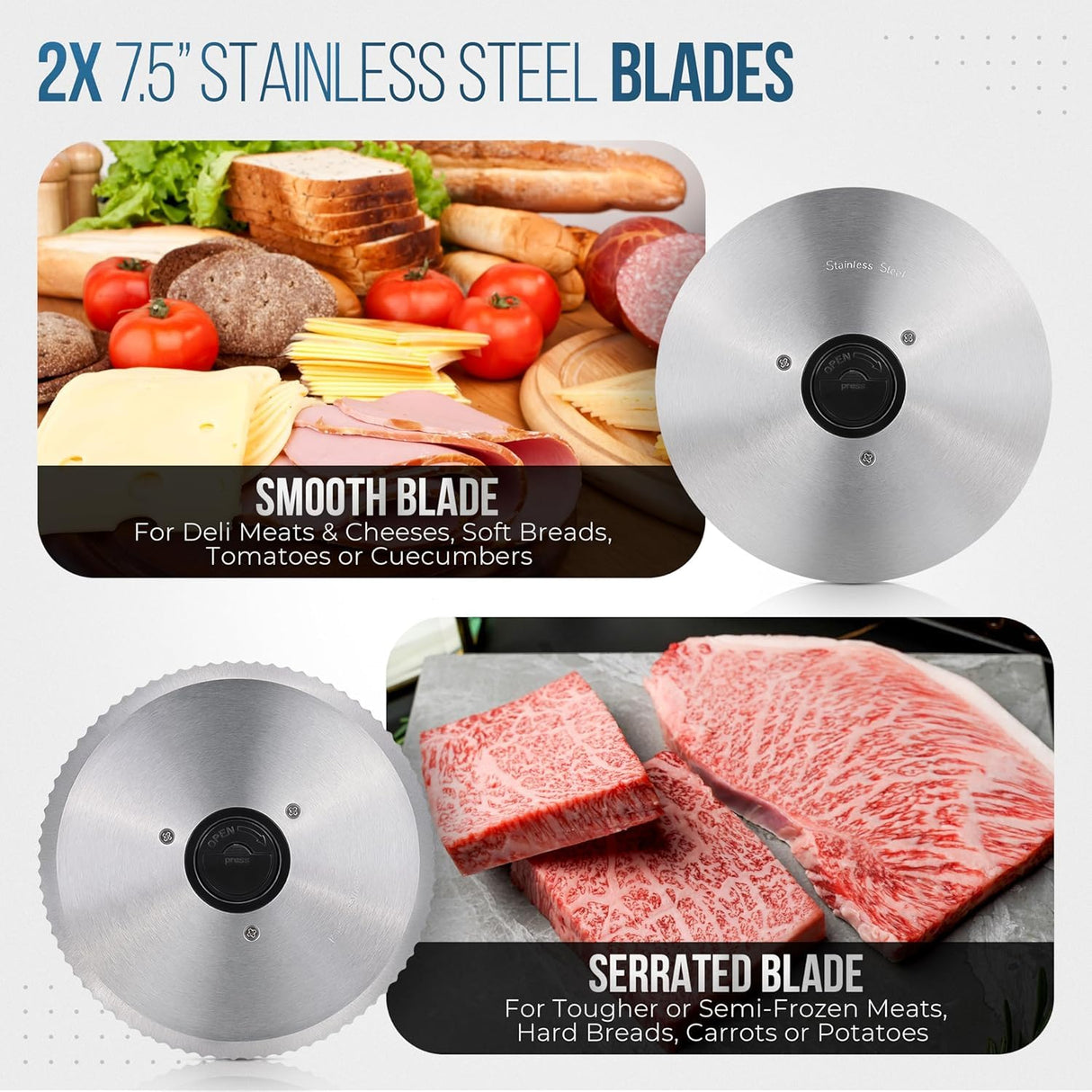 Meat Slicer, 200W Powerful Electric Food Slicer-Deli Meat Slicer Machine for Home Use for, Cheese, Bread, Vegetables-2 Round 7.5" Stainless Steel Blade, Child Lock Protection & Adjustable Thickness Ecomerr