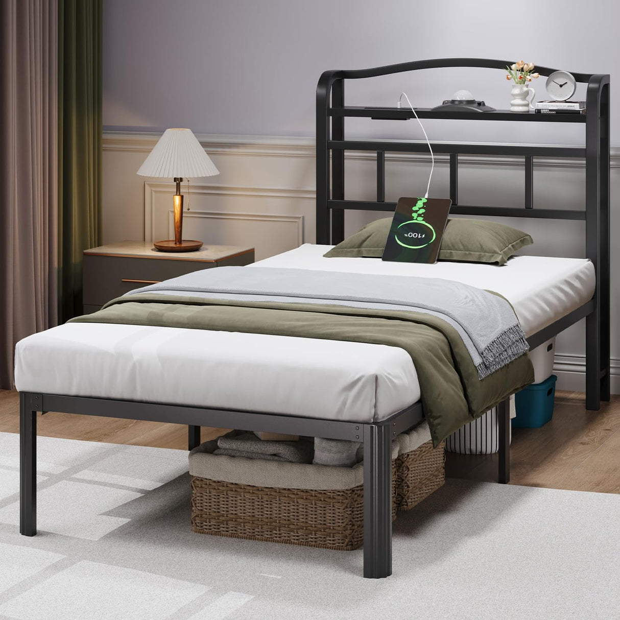 HAVONIZD Twin Size Bed Frame - Storage Headboard with Charging Station & Galaxy Aurora Projector, 14 Inch Sturdy Metal Platform Bed Frame No Box Spring Needed, Easy Assembly, No Noise, Black HAVONIZD