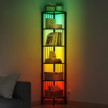 MonaSixy 6 Tier Corner Shelf with Light, Music Synic 60000 DIY LED Color Smart Remote Tall Display Shelf Corner Shelf Stand Bookshelf Wood Rack Metal Frame for Living Game Room Bedroom, Black MonaSixy