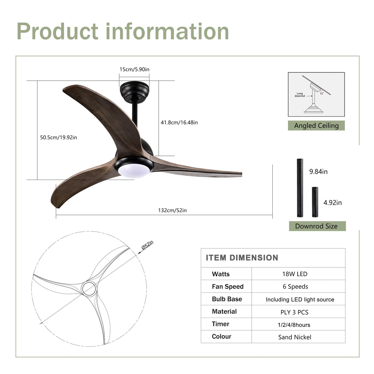 Shaical 52" Ceiling Fan with Lights and Remote Control, Modern Solid Wood Ceiling Fan, Reversible DC Motor 6 Speed 3 Blades Quiet Ceiling Fans for Bedroom, Living Room, Patio Shaical