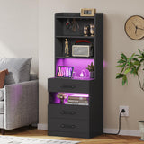 VIAGDO Tall Nightstand with Charging Station and LED Lights, Large Black Night Stand with Bookshelf, Modern LED Bedside Table with 3 Drawers and Storage Shelves, End Side Table for Bedrooms, Dorms VIAGDO