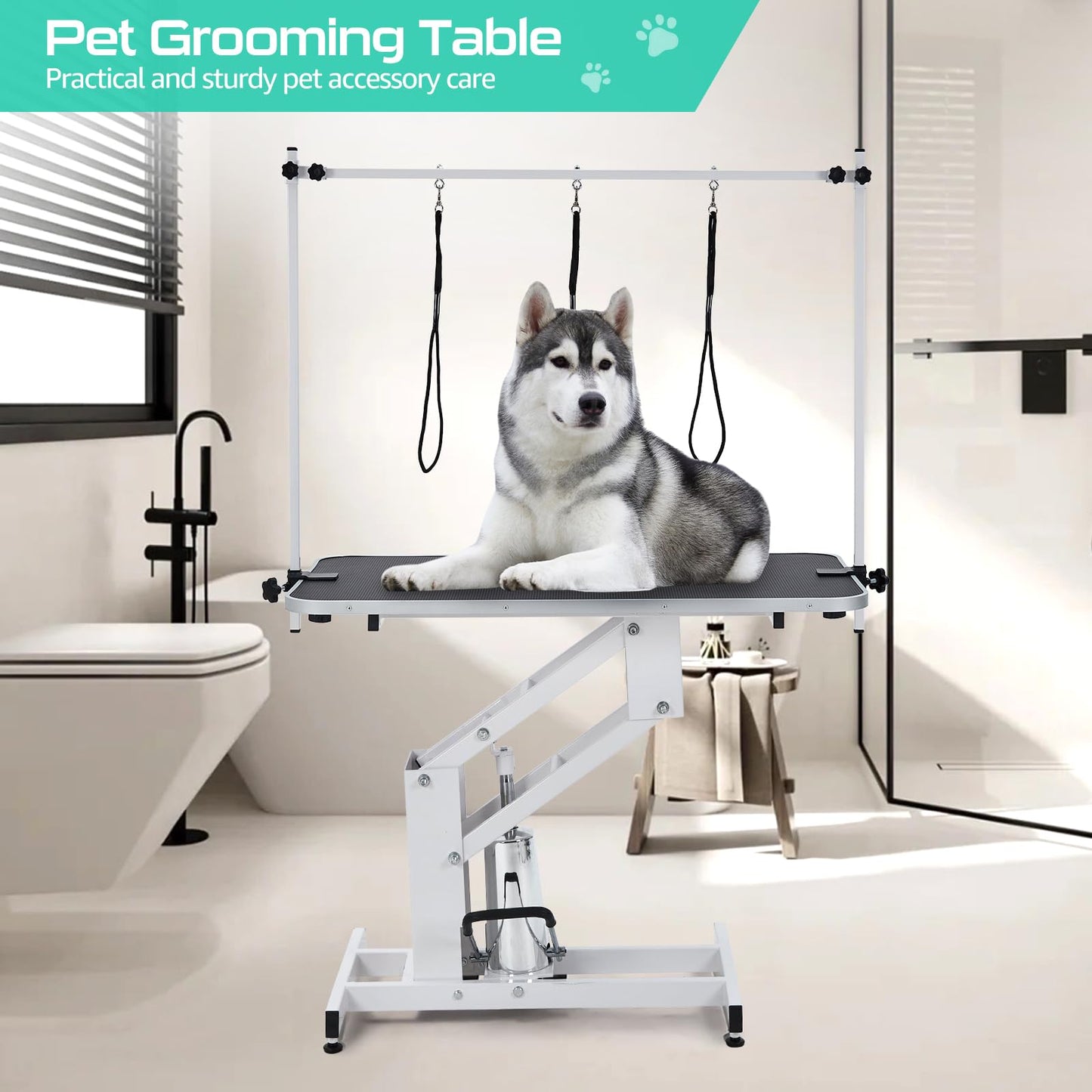 43.3" Hydraulic Dog Grooming Table for Pet, Heavy Duty Structural Hydraulic Max Load 350Lbs Professional Pet Grooming Table with Adjustable Overhead Arm & Noose Height Range 22''-39'' (WHITE)