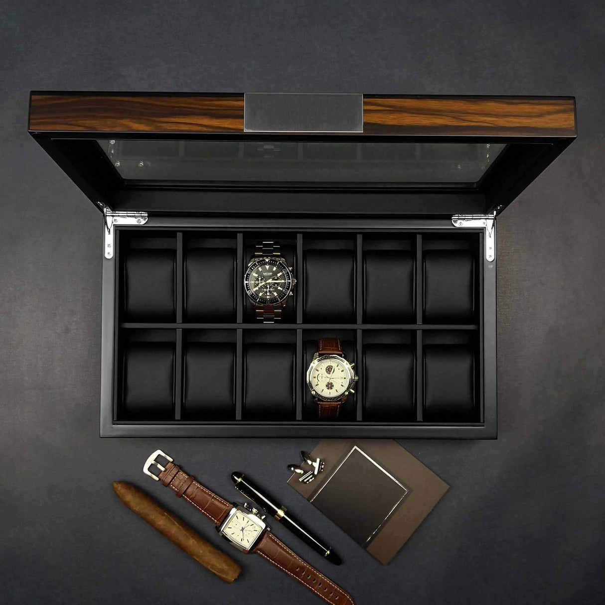 Lifomenz Co 12 Watch Box for Men Watch Display Case Wood Luxury Watch Box with Large Glass Window,Watch Organizer Box with Ultra Smooth PU Leather Interior Lifomenz Co