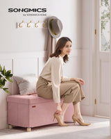 SONGMICS Storage Ottoman Bench, Folding Storage Chest, 15 x 30 x 15.2 Inches, Foot Rest Stool, 20 Gal. (77 L), Velvet Surface, for Bedroom, Entryway, Living Room, Jelly Pink ULSF0517R01 SONGMICS