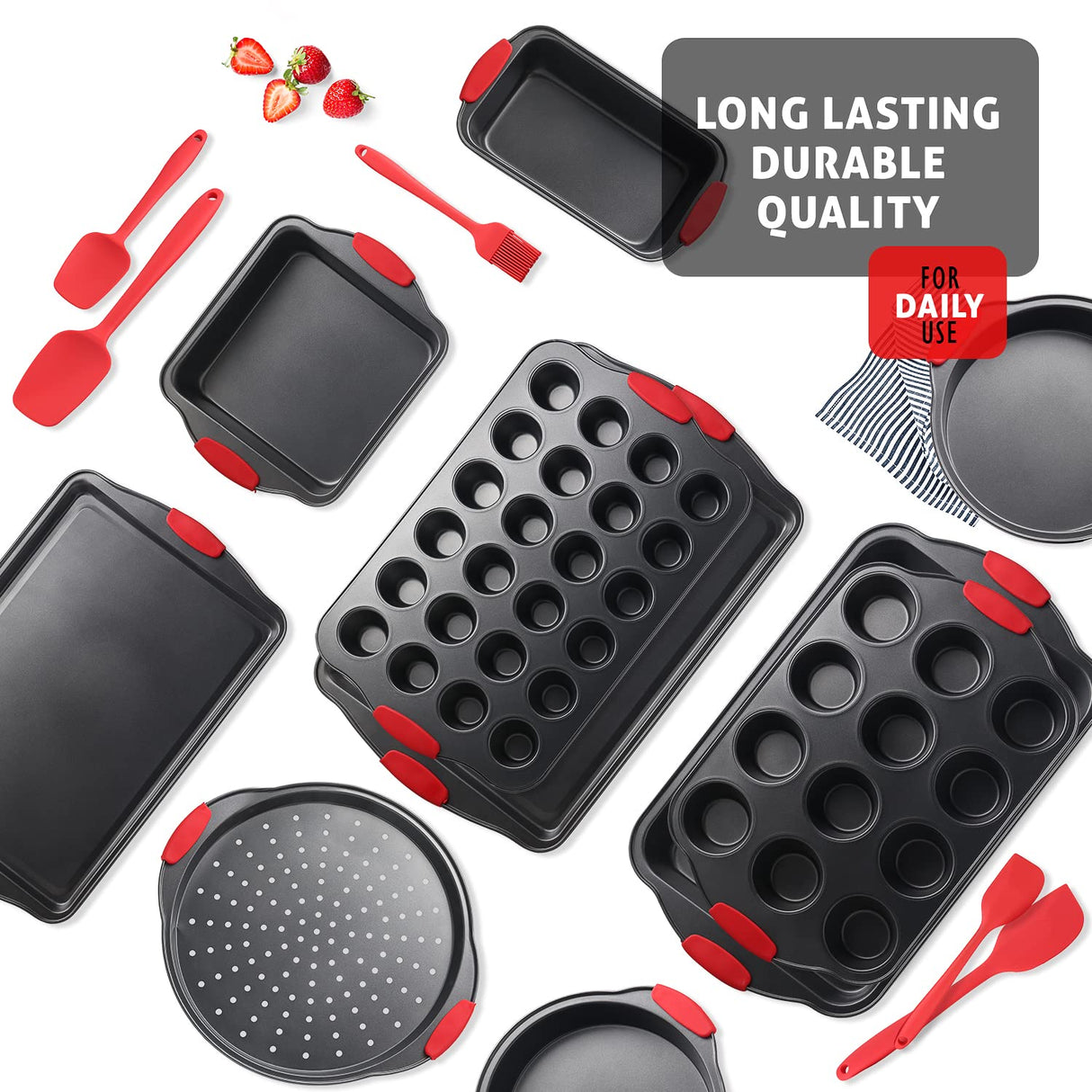 Baking Pan Set, 15 Piece Premium Nonstick Bakeware Sets BPA Free, Cookie Sheets Nonstick Steel Baking Sheets for Oven with Muffin Pan, Cake Pan & Kitchen Utensils - Black JOYTABLE