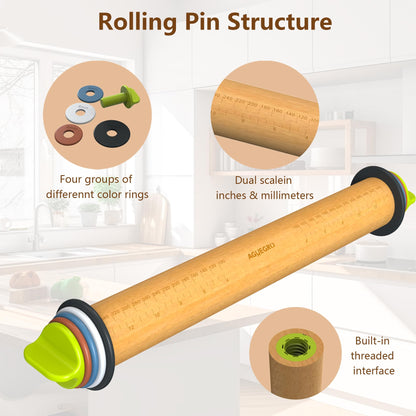 Aguegro Rolling Pin with Adjustable Thickness Ring, Dough Thickness for Baking, Fondant, Pizza, Crust, Cookies, Pastry, 13.6" Wooden Rolling Pin with 4 Multi-Color Thickness Rings