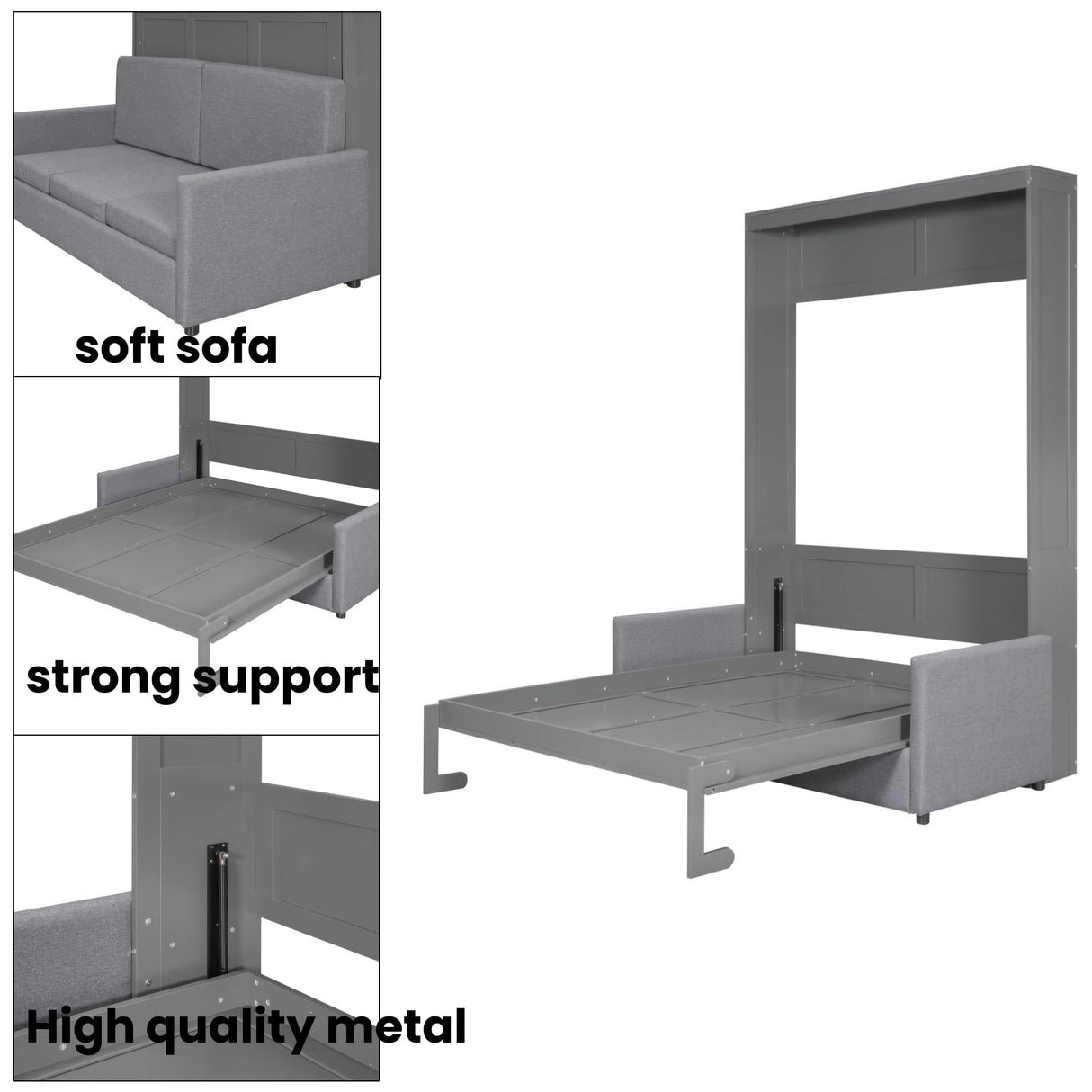 Merax Queen Size Murphy Bed, Foldable Cube Cabinet Platform Bedframe with Sofa, Wooden Slat Support for Guest Room, Study, Office, Grey Merax