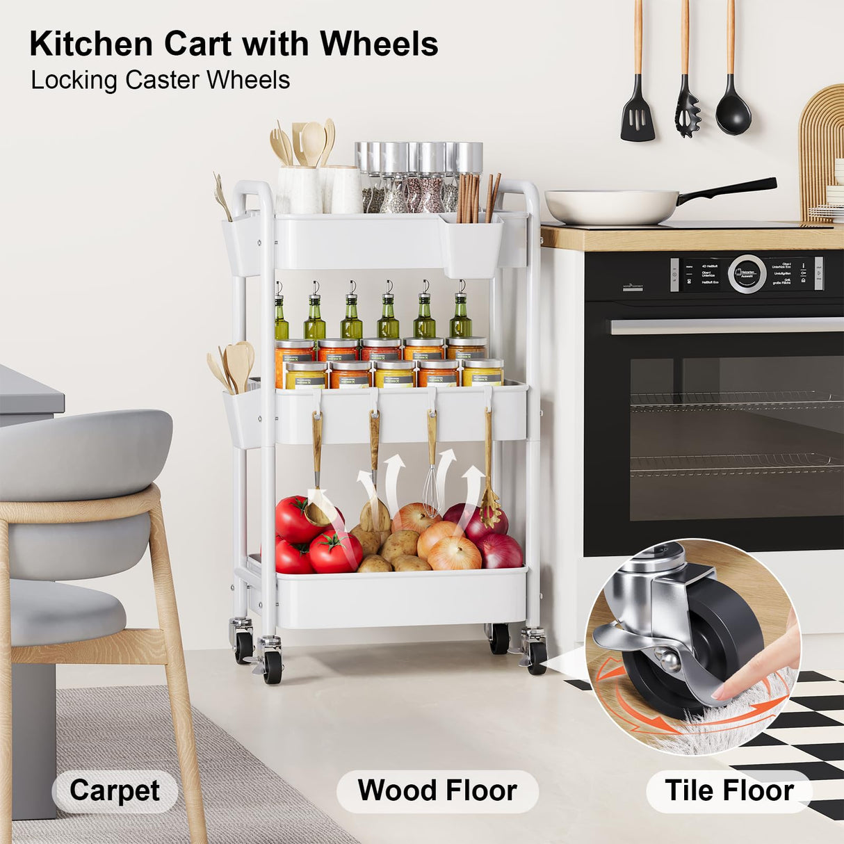 3 Tier Rolling Cart Metal with Wheels, White Three Tiered Craft Cart Organizer on Wheels, Storage Utility Carts for Art, Baby Nursery,Diaper Caddy, Cleaning Supplies, Nail,Lash,Snack,Book,Roller Shelf Aofure