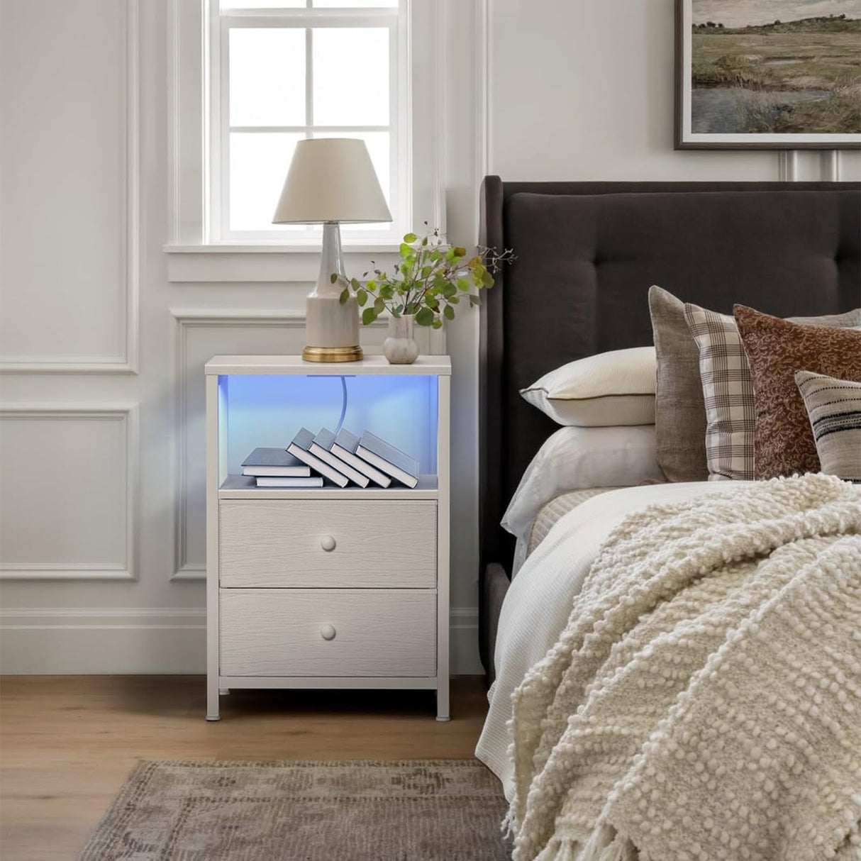 BOLUO White Nightstands Set of 2, Bedroom Night Stand Set Two Nightstand with Charging Station and LED Light, Bedside Table with 2 Fabric Drawers Modern BOLUO