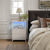 BOLUO White Nightstands Set of 2, Bedroom Night Stand Set Two Nightstand with Charging Station and LED Light, Bedside Table with 2 Fabric Drawers Modern BOLUO