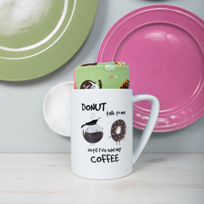 Pavilion Gift Company - Donut Talk To Me Until I've Had My Coffee - Pink & Green Novelty Crew Socks & 18 oz Mug Long Distance Relationship Gift Girlfriend Wife Present