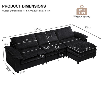 113.5" L Shaped Sectional Sofa, Modern Modular Cloud Couch with Movable Ottoman, 3 Seat Couches for Living Room, Apartment, Black Chenille