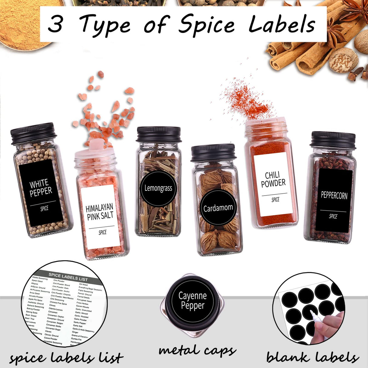 Churboro 66 Spice Jars with 547 Labels- Glass Spice Jars with Black Metal Caps, 4oz Empty Spice Containers with Shaker Lids, Funnel, Chalk Pen, Square Seasoning Bottles for Spice Rack, Drawer, Cabinet Churboro