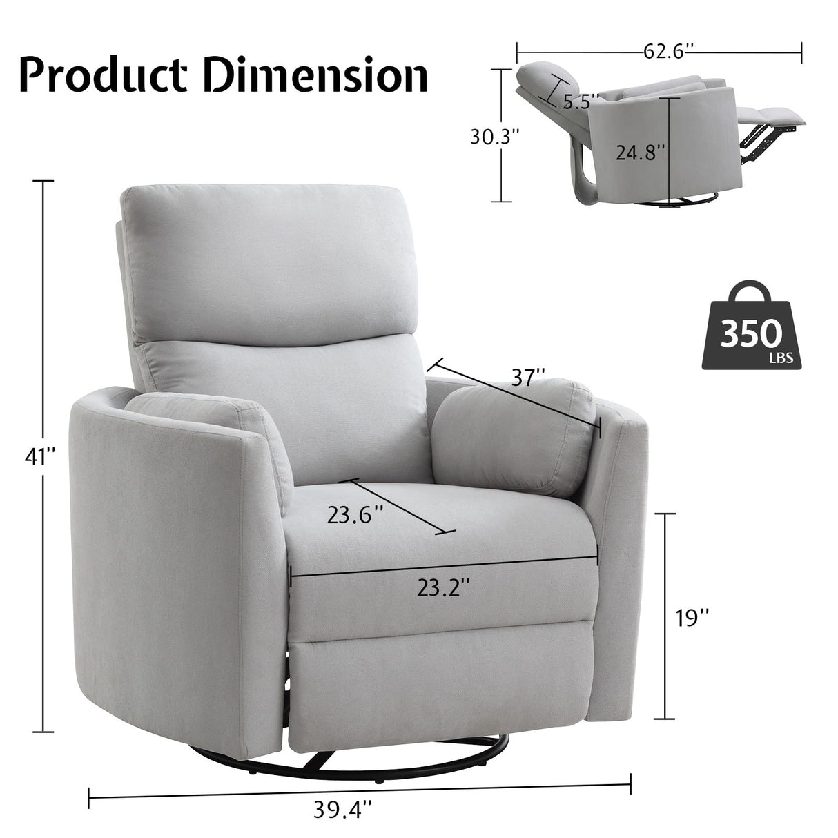 Jocisland Power Recliner Nursery Chair for Adults, Electric Swivel Rocking Glider with USB & Type-C, Soft Fabric Armchair with 2 Pillows, Cozy Reclining Sofa for Living Room, Bedroom, Light Grey Jocisland