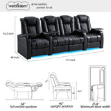comfiroom Home Theater Seating Classic Series Top Grain Nappa Leather Loveseat Recliner Chair Dual Power Movie Theater Chairs Electric Headrest with Tray Table (Black, Row of 4 Loveseat Middle) comfiroom